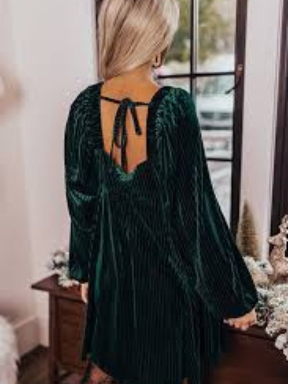 Evergreen Pleated Velvet Babydoll Dress